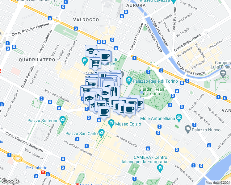 map of restaurants, bars, coffee shops, grocery stores, and more near 4/B Piazza Palazzo di Città in Torino