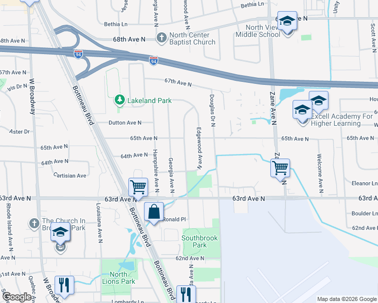 map of restaurants, bars, coffee shops, grocery stores, and more near 6424 Florida Avenue North in Minneapolis