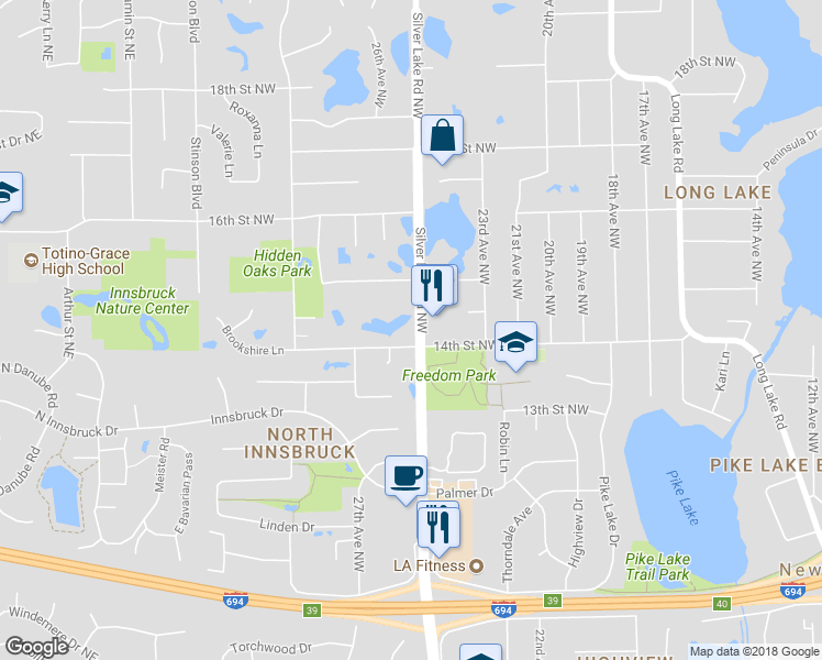 map of restaurants, bars, coffee shops, grocery stores, and more near 1420 Silver Lake Road Northwest in Saint Paul