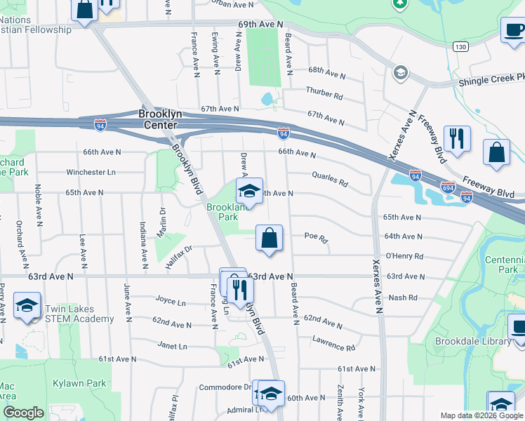 map of restaurants, bars, coffee shops, grocery stores, and more near 3415 65th Avenue North in Minneapolis