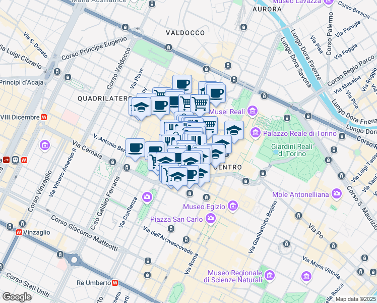 map of restaurants, bars, coffee shops, grocery stores, and more near 32 Via Monte di Pietà in Torino