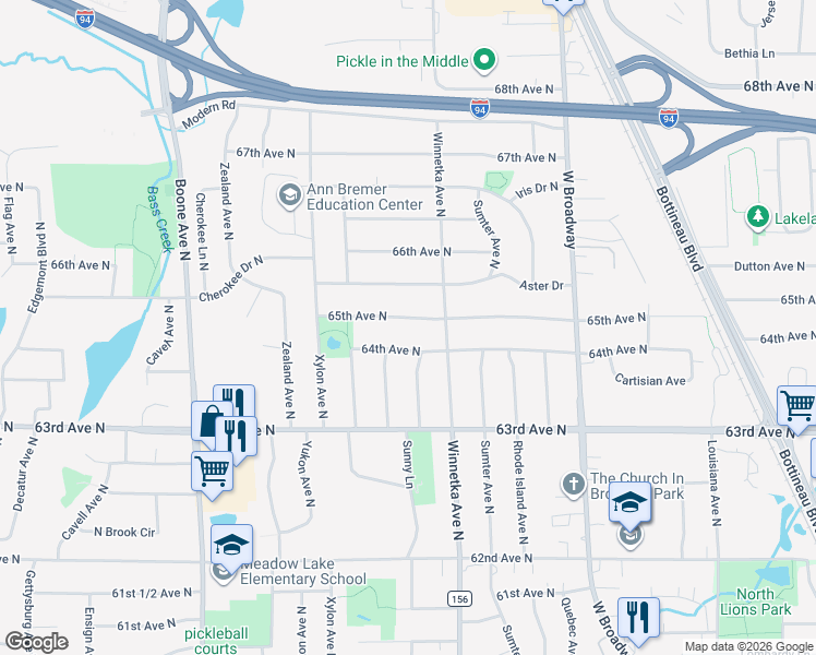 map of restaurants, bars, coffee shops, grocery stores, and more near 8001 65th Avenue North in Minneapolis