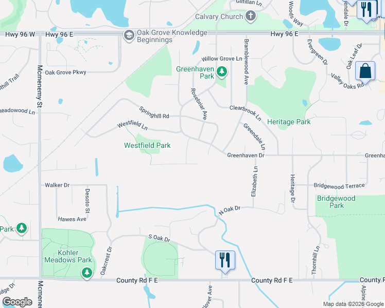 map of restaurants, bars, coffee shops, grocery stores, and more near 657 Greenhaven Place in Vadnais Heights