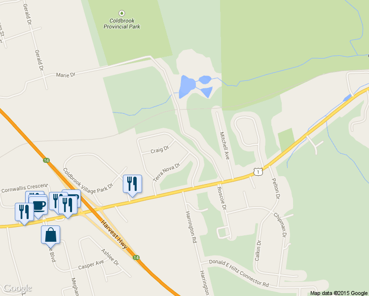 map of restaurants, bars, coffee shops, grocery stores, and more near 15 Anderson Boulevard in Kentville