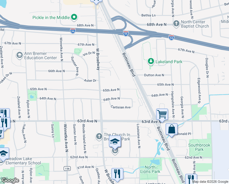 map of restaurants, bars, coffee shops, grocery stores, and more near 7301 65th Avenue North in Minneapolis