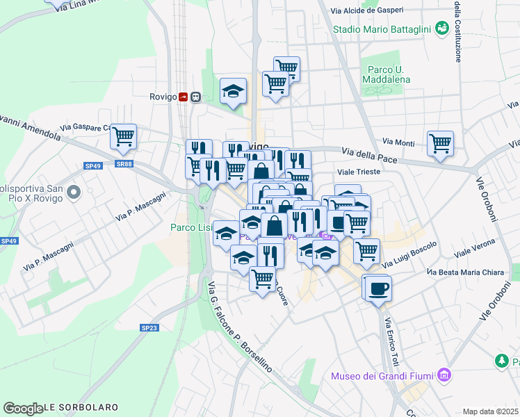 map of restaurants, bars, coffee shops, grocery stores, and more near 95 Corso del Popolo in Rovigo