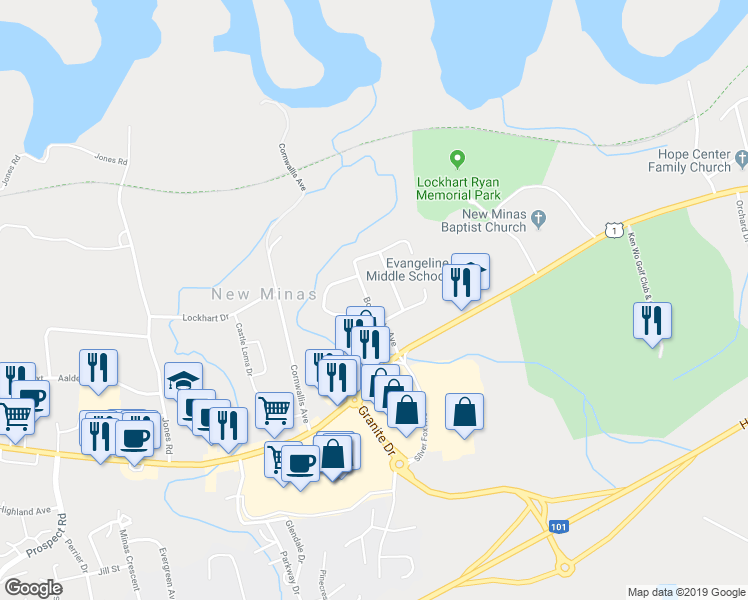 map of restaurants, bars, coffee shops, grocery stores, and more near 40 Bonavista Avenue in New Minas