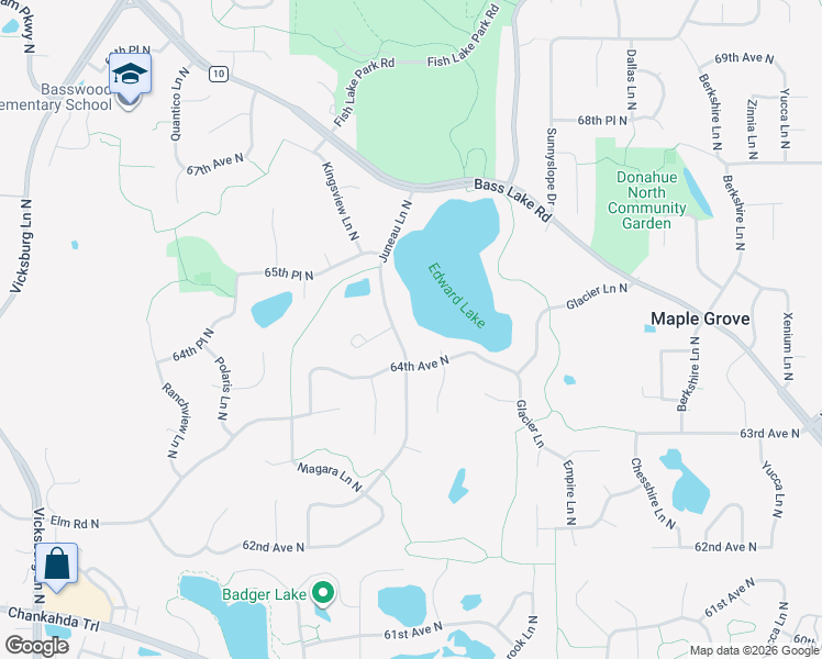 map of restaurants, bars, coffee shops, grocery stores, and more near 6427 Ithaca Lane North in Maple Grove