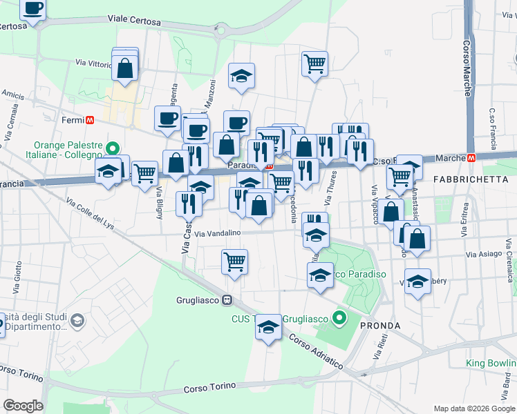 map of restaurants, bars, coffee shops, grocery stores, and more near 16 Via Podgora in Grugliasco
