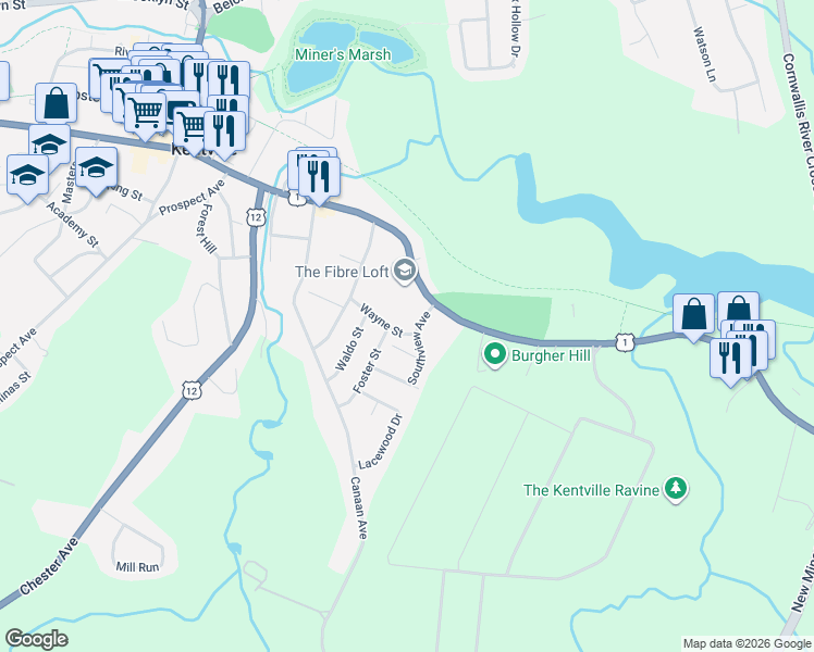 map of restaurants, bars, coffee shops, grocery stores, and more near 19 Southview Avenue in Kentville