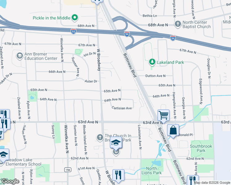 map of restaurants, bars, coffee shops, grocery stores, and more near 7301 65th Avenue North in Minneapolis