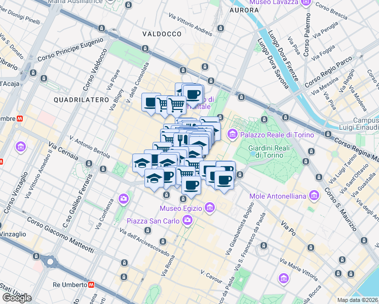 map of restaurants, bars, coffee shops, grocery stores, and more near 8 Via Giuseppe Garibaldi in Torino