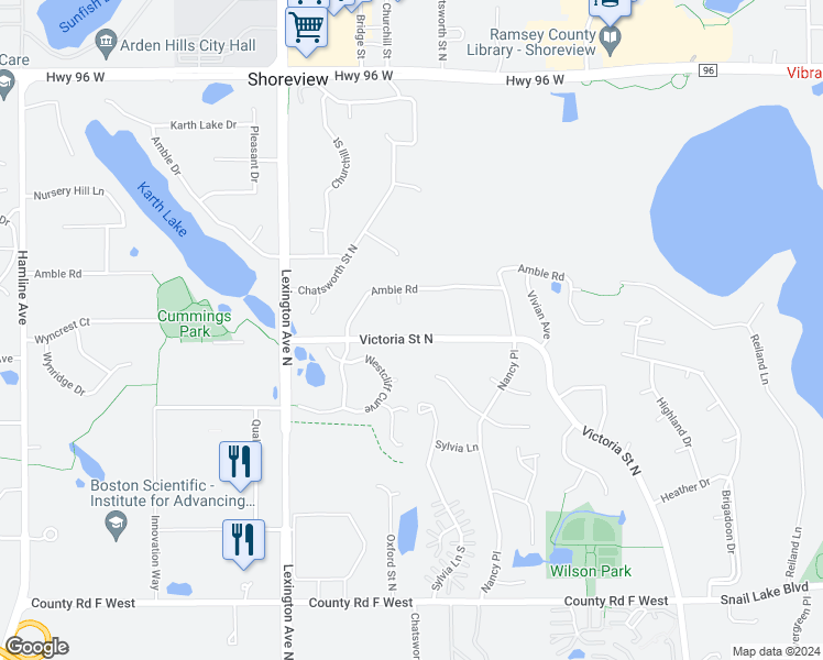 map of restaurants, bars, coffee shops, grocery stores, and more near 4444 Victoria Street North in Shoreview