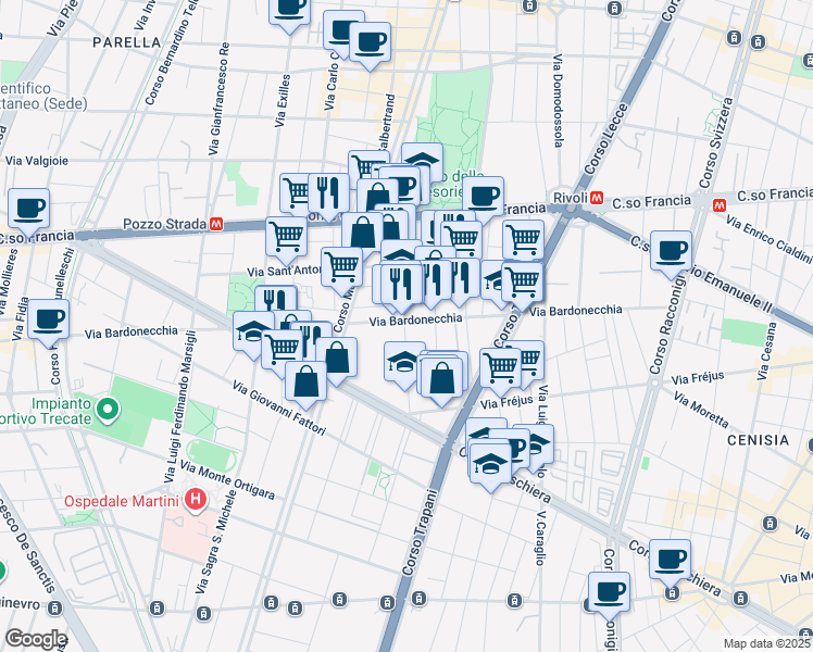 map of restaurants, bars, coffee shops, grocery stores, and more near 25 Via Borgone in Torino