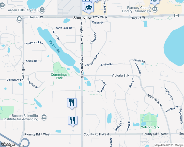 map of restaurants, bars, coffee shops, grocery stores, and more near 4474 Victoria Street North in Saint Paul