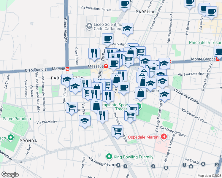 map of restaurants, bars, coffee shops, grocery stores, and more near 25 Via Fidia in Torino