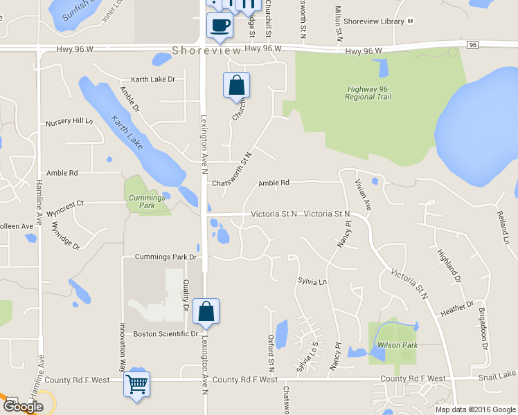 map of restaurants, bars, coffee shops, grocery stores, and more near 4466 Victoria Street North in Shoreview