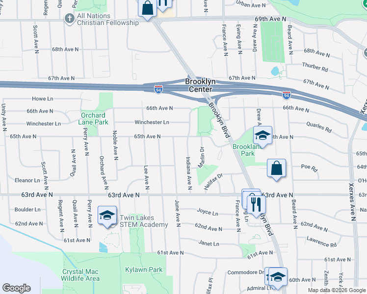 map of restaurants, bars, coffee shops, grocery stores, and more near 6424 June Avenue North in Minneapolis