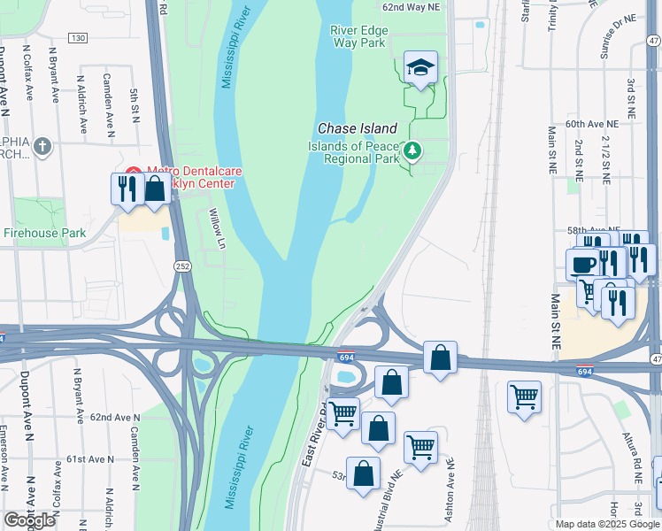 map of restaurants, bars, coffee shops, grocery stores, and more near 5640-5840 East River Road in Fridley