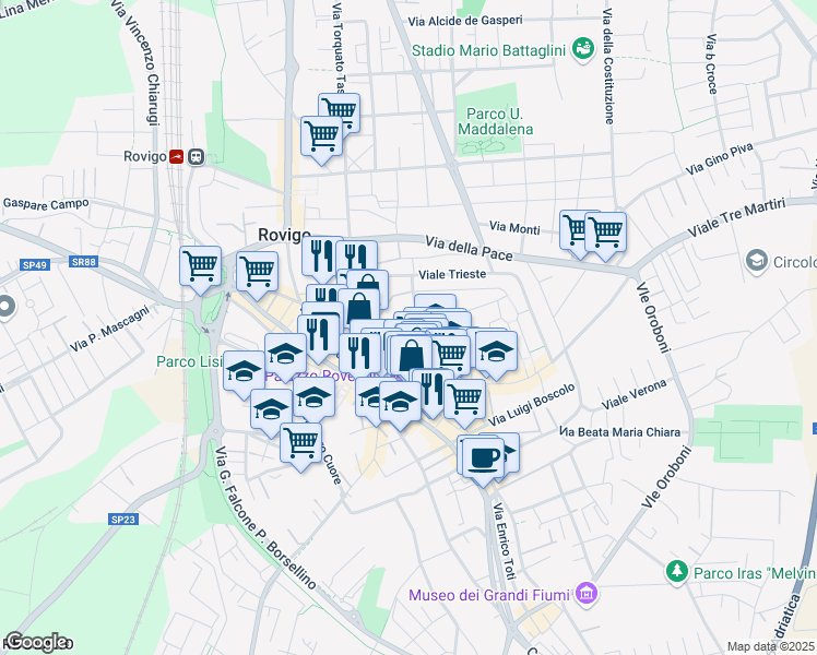 map of restaurants, bars, coffee shops, grocery stores, and more near 12 Via Giuseppe Mazzini in Rovigo