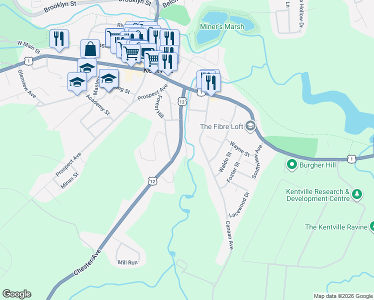 map of restaurants, bars, coffee shops, grocery stores, and more near 35 Redfearn Road in Kentville