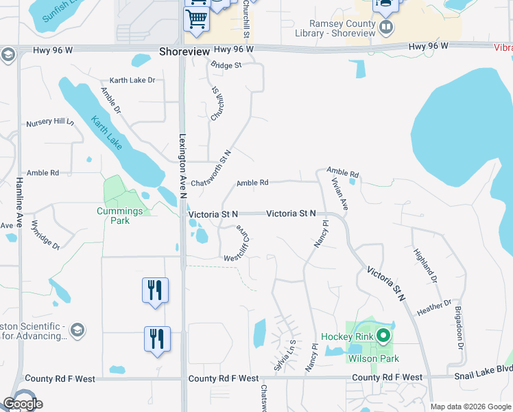 map of restaurants, bars, coffee shops, grocery stores, and more near 4444 Victoria Street North in Shoreview