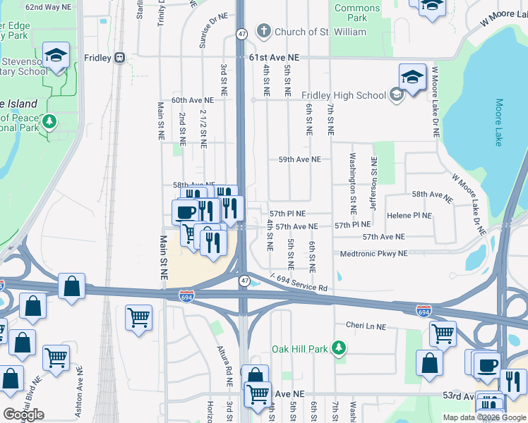 map of restaurants, bars, coffee shops, grocery stores, and more near 5701 University Avenue Northeast Service Road in Fridley