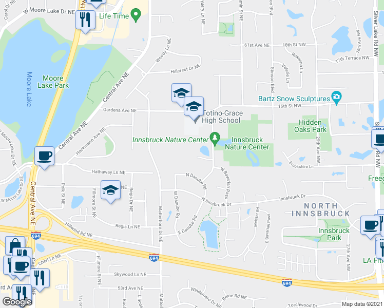 map of restaurants, bars, coffee shops, grocery stores, and more near 1423 Royal Oak Court Northeast in Minneapolis