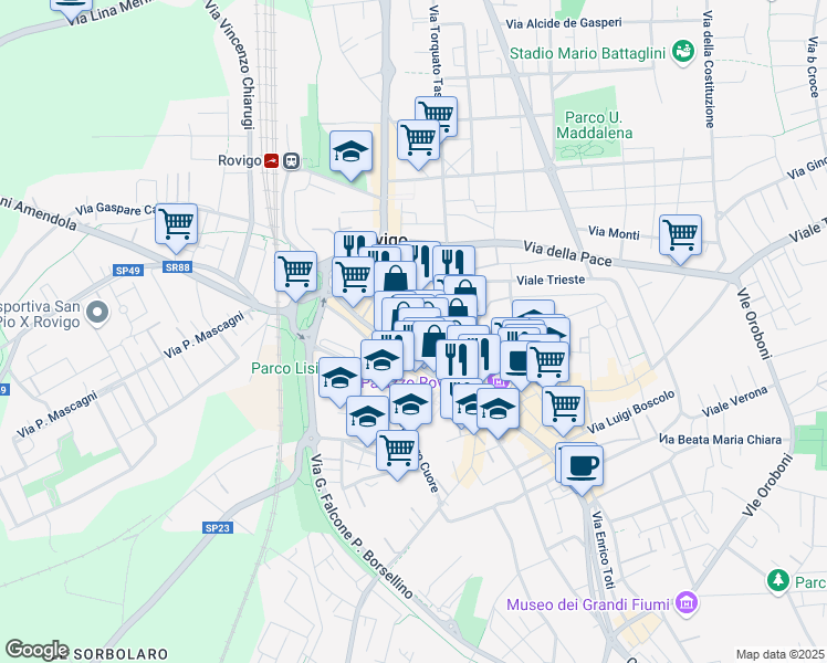 map of restaurants, bars, coffee shops, grocery stores, and more near 27 Via Umberto I in Rovigo