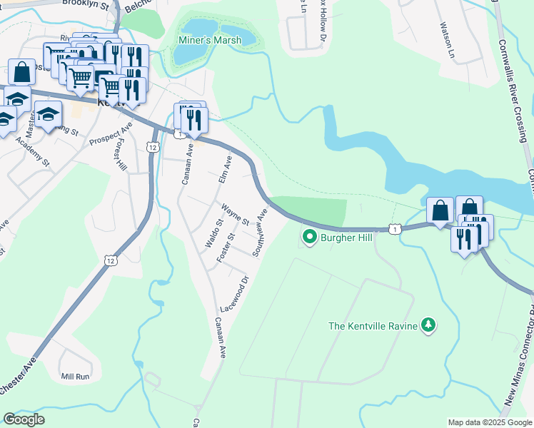 map of restaurants, bars, coffee shops, grocery stores, and more near 12 Southview Avenue in Kentville