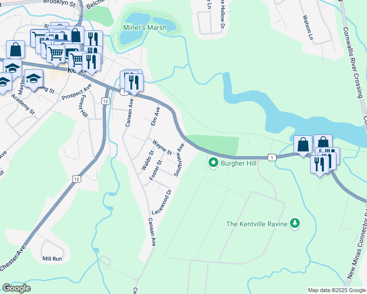map of restaurants, bars, coffee shops, grocery stores, and more near 12 Southview Avenue in Kentville