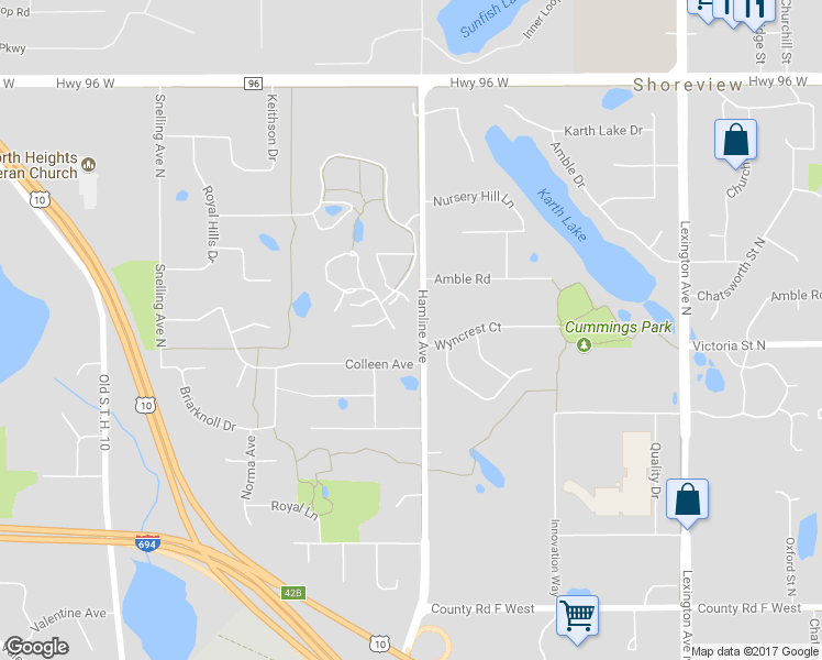 map of restaurants, bars, coffee shops, grocery stores, and more near 4320 Arden View Court in Arden Hills