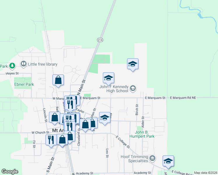 map of restaurants, bars, coffee shops, grocery stores, and more near 460 East Marquam Street in Mount Angel