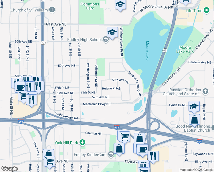 map of restaurants, bars, coffee shops, grocery stores, and more near 650 Helene Place Northeast in Fridley