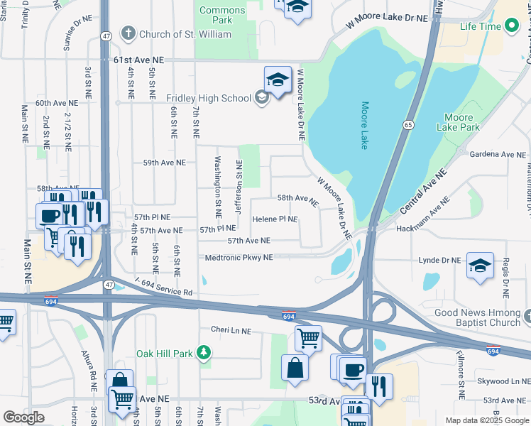 map of restaurants, bars, coffee shops, grocery stores, and more near 650 Helene Place Northeast in Fridley