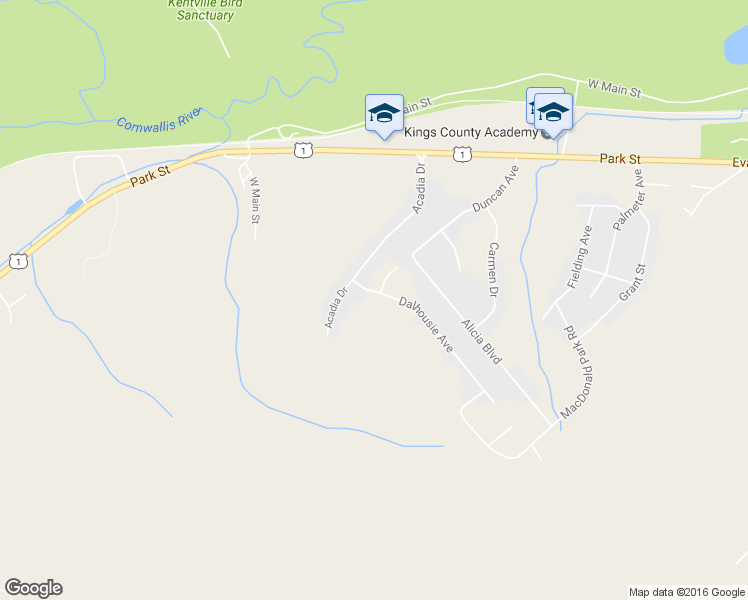 map of restaurants, bars, coffee shops, grocery stores, and more near 9 Dalhousie Avenue in Kentville