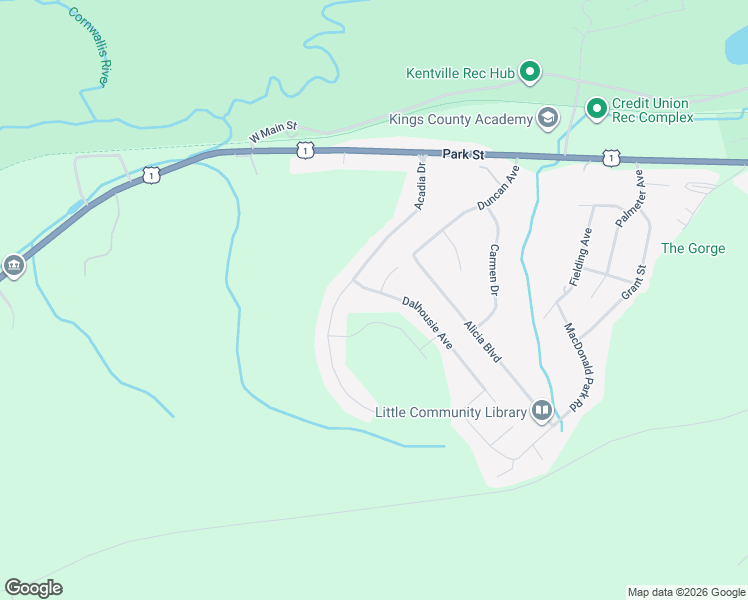 map of restaurants, bars, coffee shops, grocery stores, and more near 9 Dalhousie Avenue in Kentville