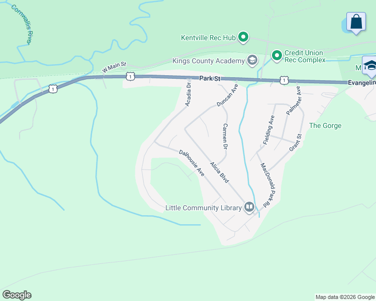 map of restaurants, bars, coffee shops, grocery stores, and more near 24 Dalhousie Avenue in Kentville