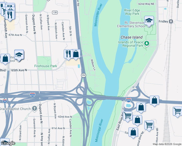 map of restaurants, bars, coffee shops, grocery stores, and more near 207 65th Avenue North in Minneapolis