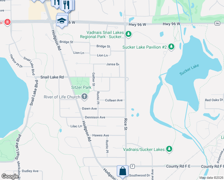 map of restaurants, bars, coffee shops, grocery stores, and more near 181 Colleen Avenue in Shoreview
