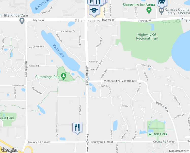 map of restaurants, bars, coffee shops, grocery stores, and more near 4474 Victoria Street North in Saint Paul