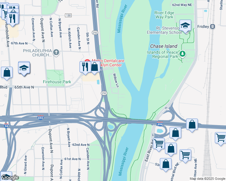 map of restaurants, bars, coffee shops, grocery stores, and more near 6433 Willow Lane in Brooklyn Center