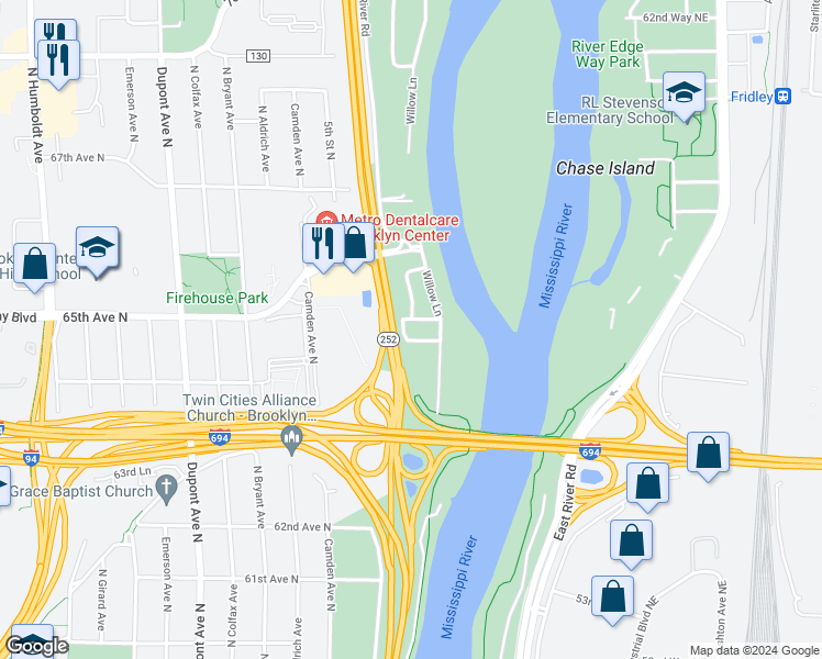 map of restaurants, bars, coffee shops, grocery stores, and more near 207 65th Avenue North in Minneapolis