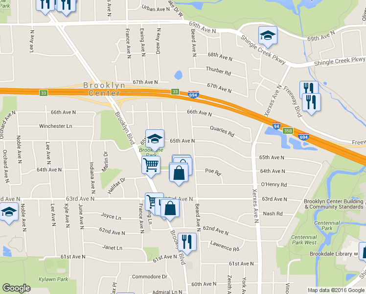 map of restaurants, bars, coffee shops, grocery stores, and more near 3409 65th Avenue North in Minneapolis