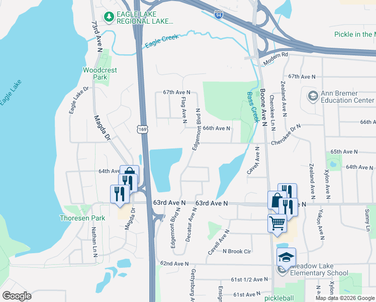 map of restaurants, bars, coffee shops, grocery stores, and more near 6425 Edgemont Boulevard North in Minneapolis
