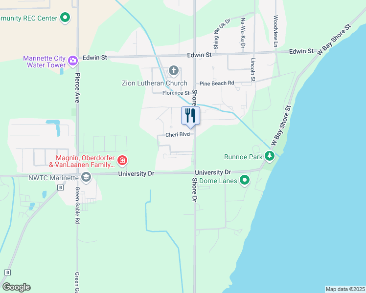 map of restaurants, bars, coffee shops, grocery stores, and more near 3021 Shore Drive in Marinette