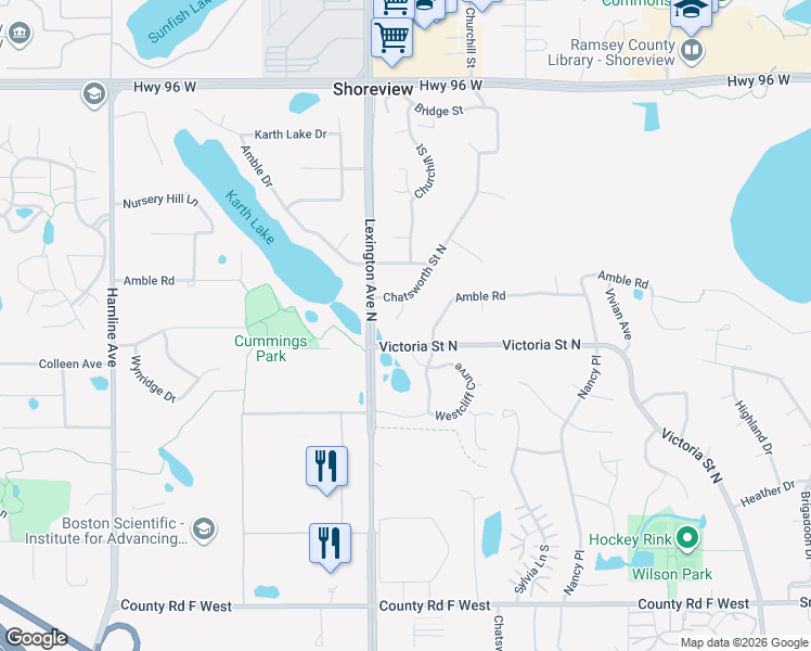map of restaurants, bars, coffee shops, grocery stores, and more near 4474 Victoria Street North in Saint Paul