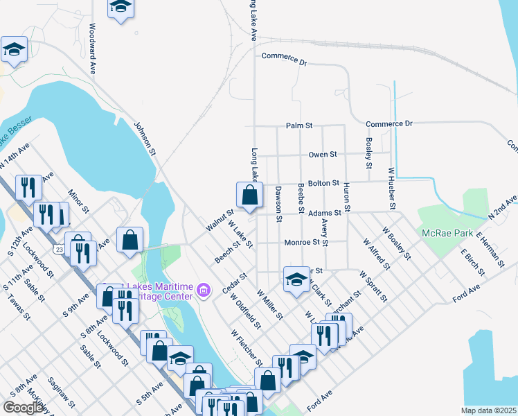 map of restaurants, bars, coffee shops, grocery stores, and more near 310-398 Long Lake Avenue in Alpena