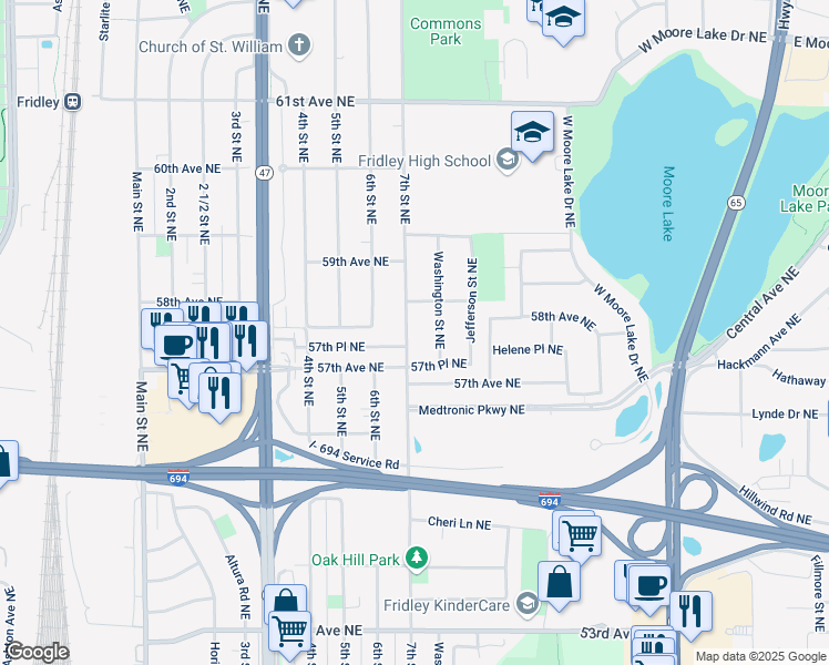 map of restaurants, bars, coffee shops, grocery stores, and more near 491 57th Avenue Northeast in Fridley