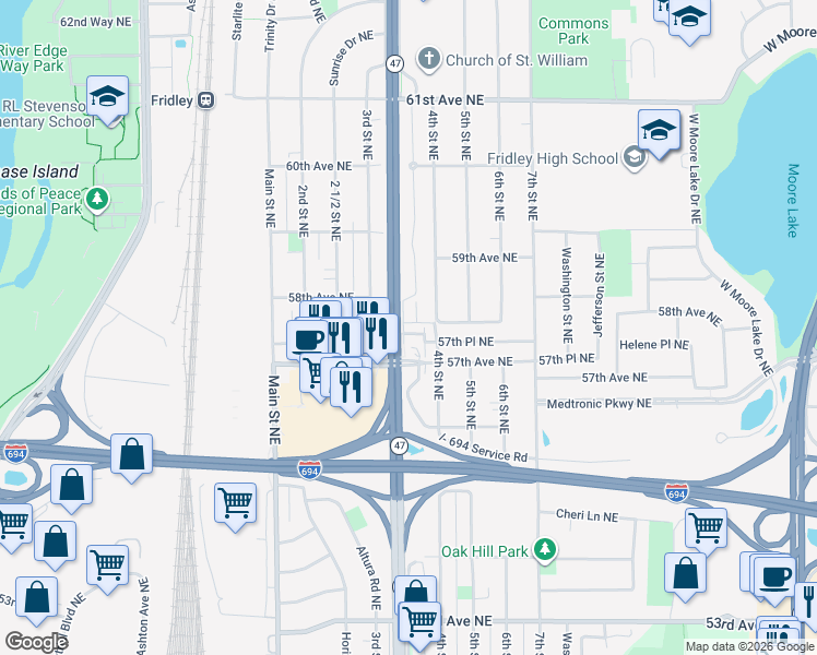 map of restaurants, bars, coffee shops, grocery stores, and more near 5701 University Avenue Northeast Service Road in Fridley
